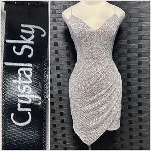 Crystal Sky Sequin Mini Dress Womens Small Silver Excellent Wrap Tulip Hem Party